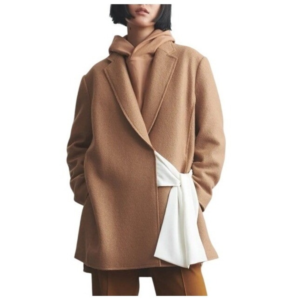 THAKOON Camel Wool Blend Wrap Car Coat with White Bow Sash Detail, Size M